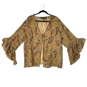 Vintage Mint Julep Boho Fairycore Floral Flowy Crinkled Bell Sleeve Tie Top